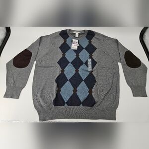 NWT Geoffrey Beene GRAY / BLUE ARGYLE Sweater Knit Crew Neck Long Sleeve sz XXL